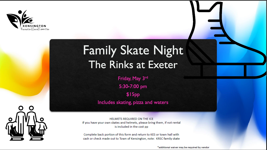 Family Skate Night at the Rinks in Exeter Friday May 3rd 5:30 to 7:00pm