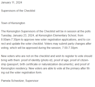 Supervisors of the Checklist present at polling place all day and in session from 7pm to 7:30pm.