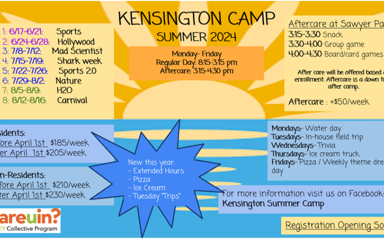 Kensington Summer camp schedule with weekly themes 