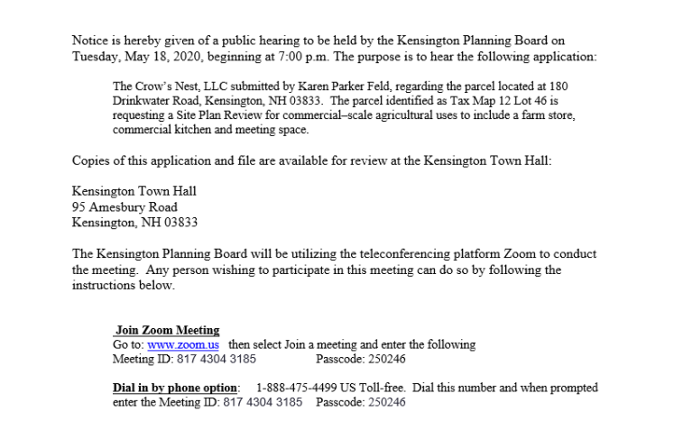 Planning Board Legal Notice of Public Hearing 05-18-2021 7:00pm